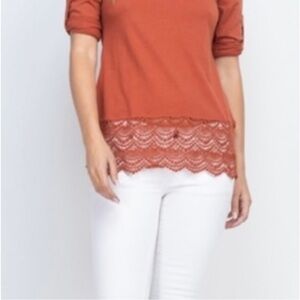🍊NEW! Great Quality Soft 100% Cotton Crocheted Lace Rust Tee. Sz S, M, L